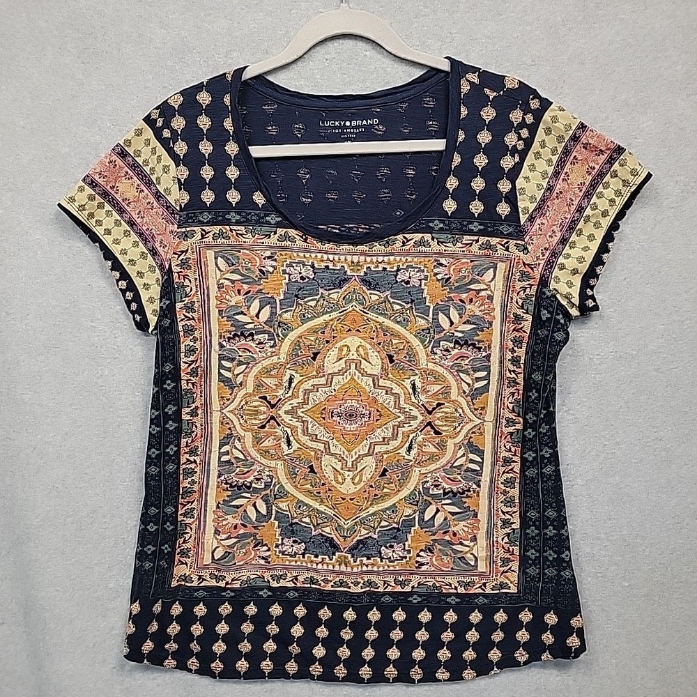 LUCKY BRAND Women's Tee Plus Sz 1X Blue Boho Mandala Short Sleeve Top Cotton EUC
